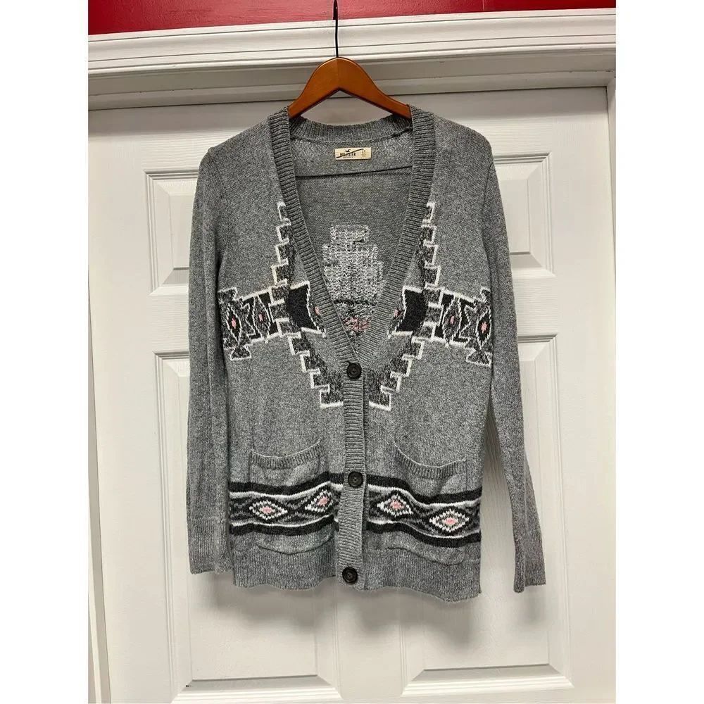 Hollister Gray Tribal Print Cardigan Sweater sz XS